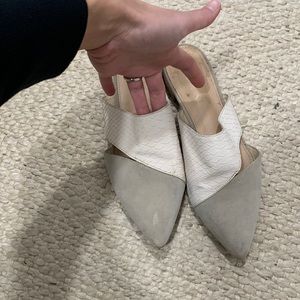 Very cute, worn 1x at outdoor wedding, mi im white and grey mules, size 8